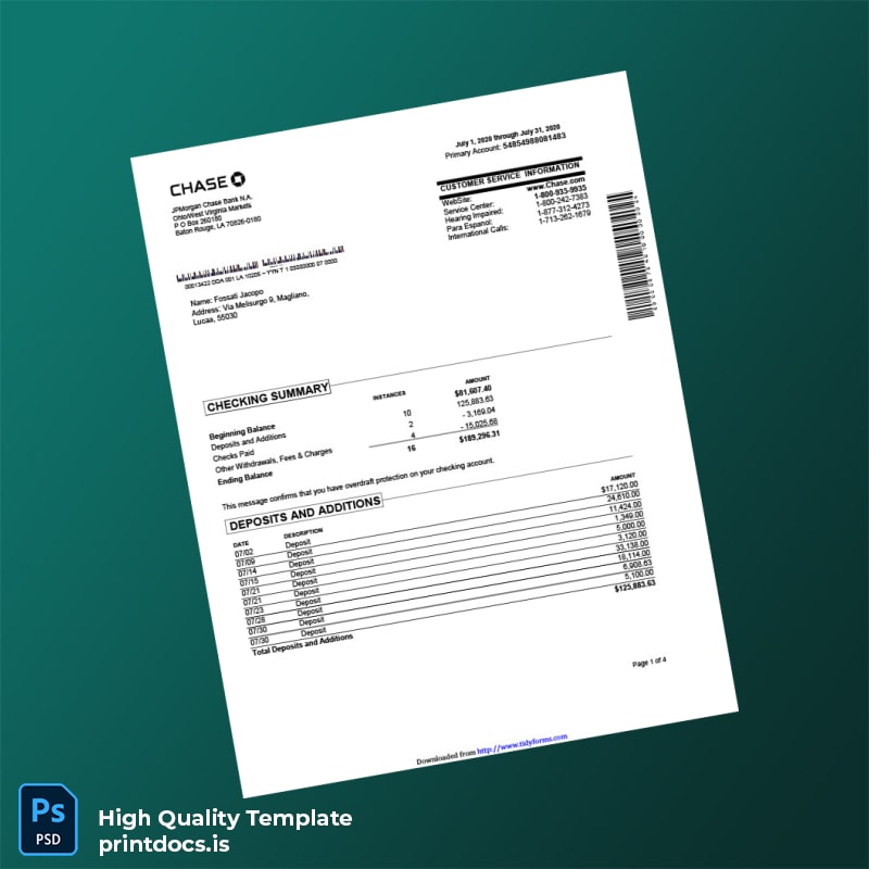 Italy Bank Statement Template in Word and PDF formats