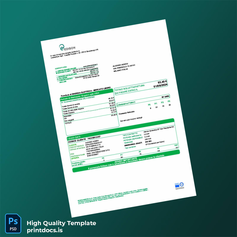 Italy Edison Energia S P A Editable Utility Bill Template in Word and PDF formats