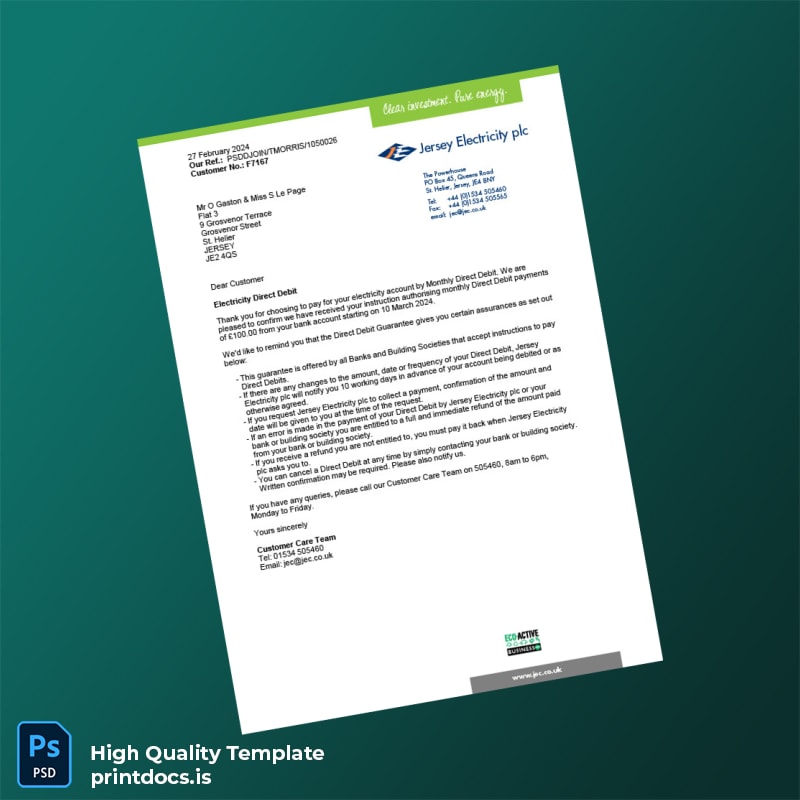 Jersey Jersey Electricity Plc Editable Electricity Bill Template in Word and PDF formats