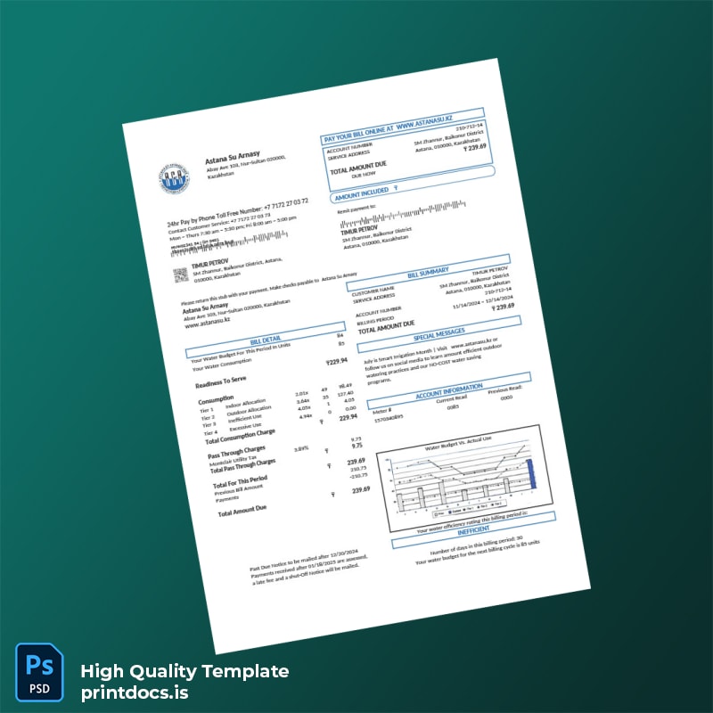 Kazakhstan Astana Su Arnasy Editable Utility Bill Template in Word and PDF formats