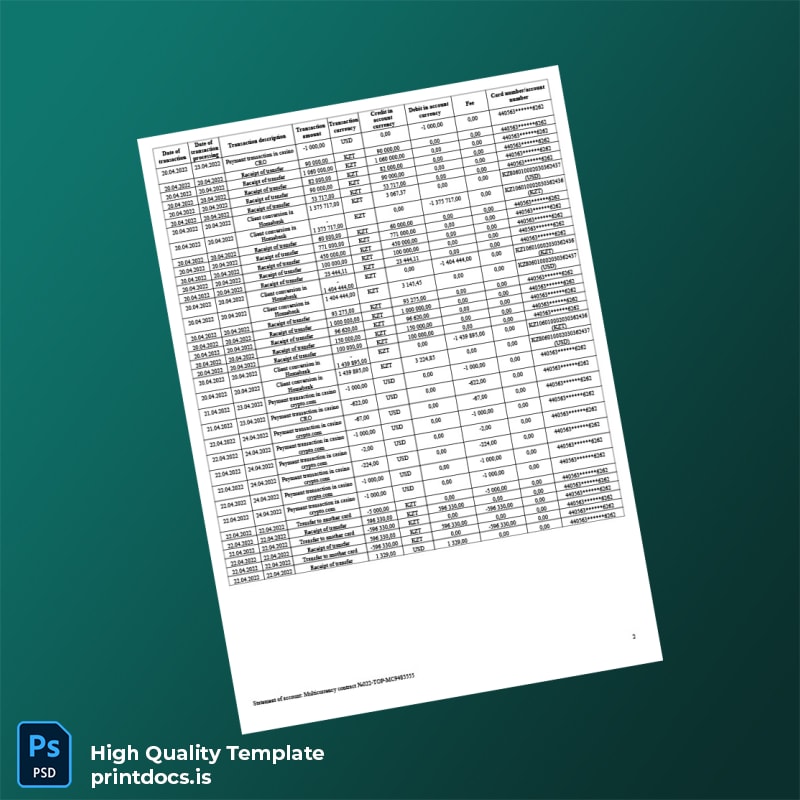 Kazakhstan Bank Statement Template in Word and PDF formats page 2