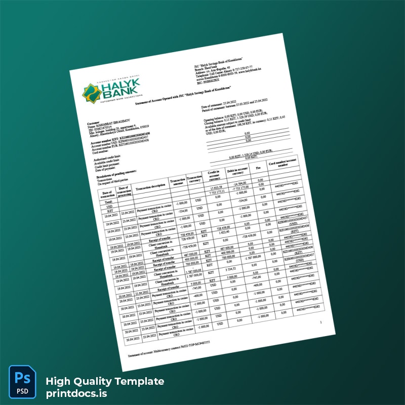 Kazakhstan Bank Statement Template in Word and PDF formats