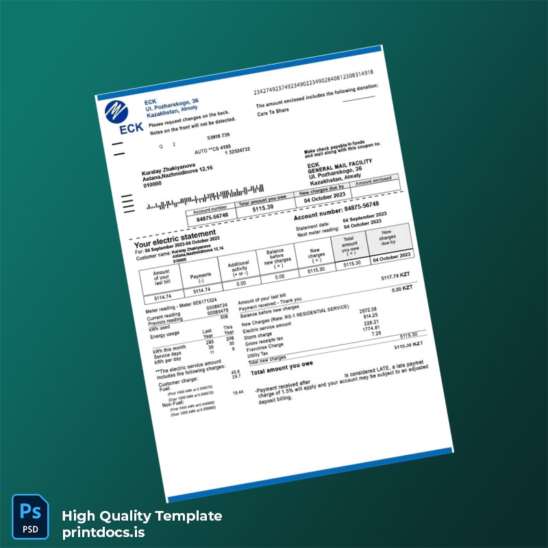 Kazakhstan ECK Editable Electricity Bill Template in Word and PDF formats
