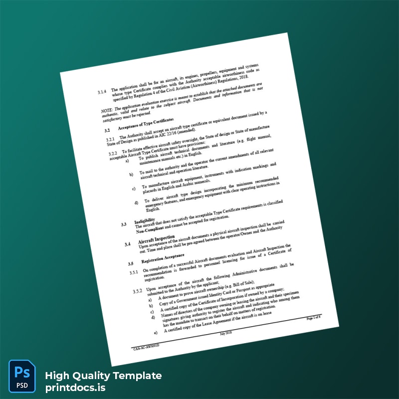 Printable Kenya CAA Aircraft Registration Certificate Template in Word and PDF formats page 2 Image Preview