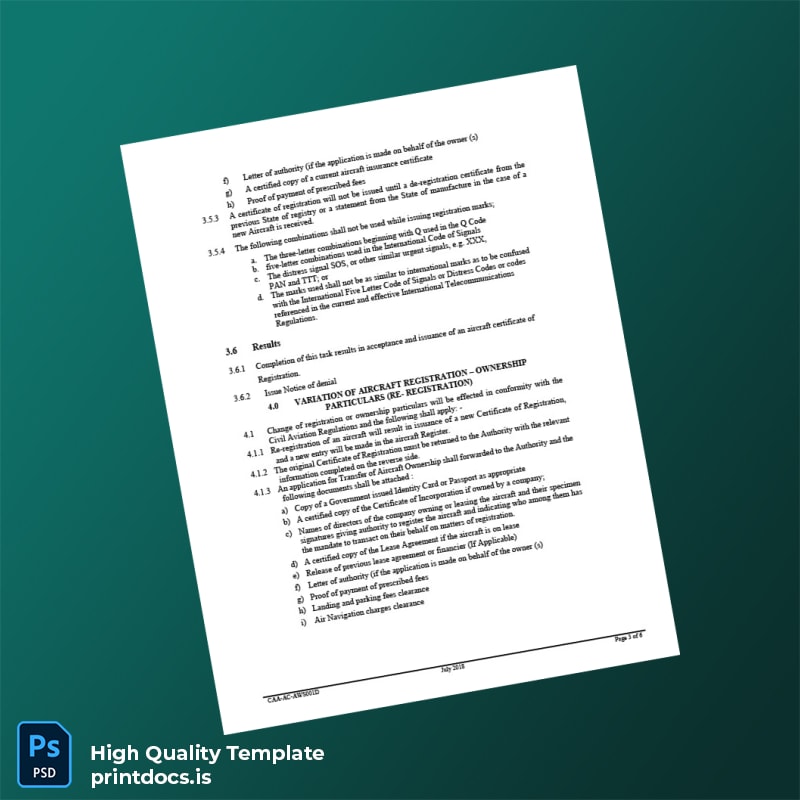 Printable Kenya CAA Aircraft Registration Certificate Template in Word and PDF formats page 3 Image Preview