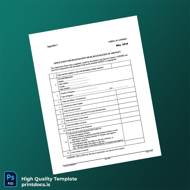 Printable Kenya CAA Aircraft Registration Certificate Template in Word and PDF formats page 5 Image Preview