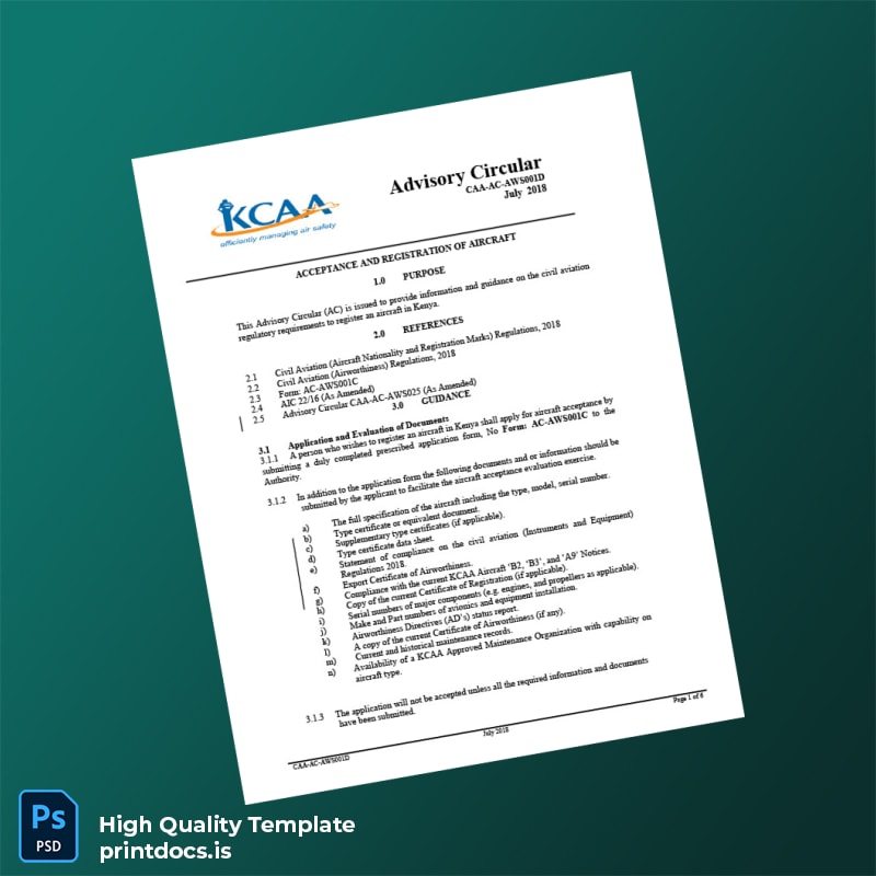 Printable Kenya CAA Aircraft Registration Certificate Template (Word & PDF) Image Preview