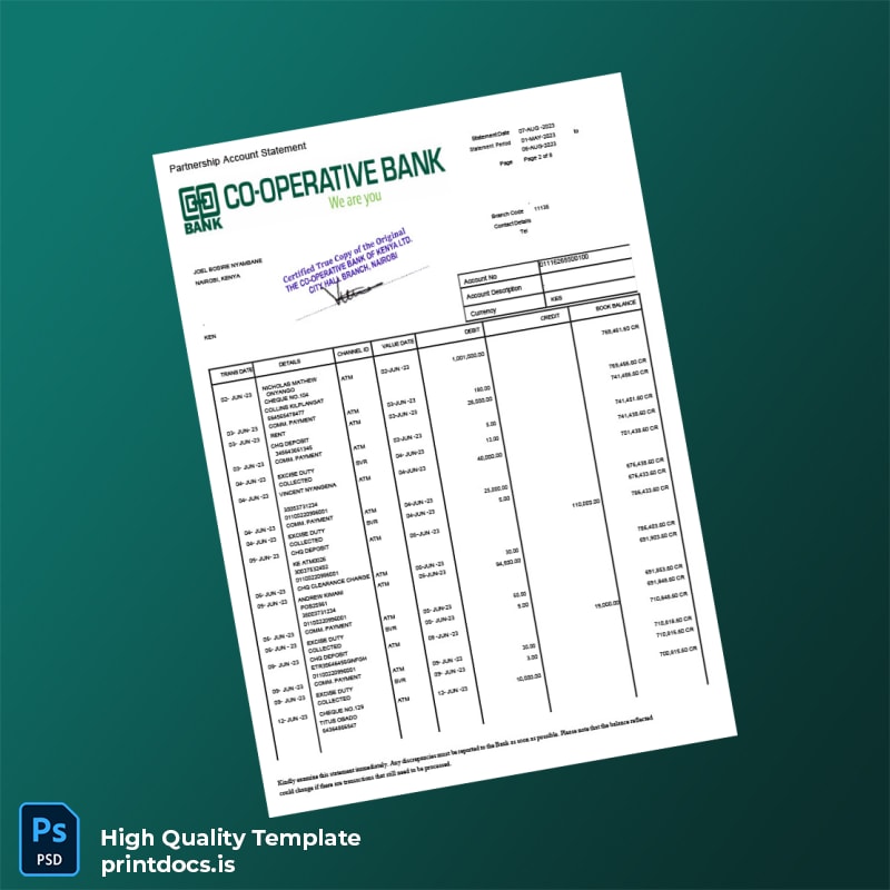 Kenya Co-operative Bank Statement Template in Word and PDF formats page 2