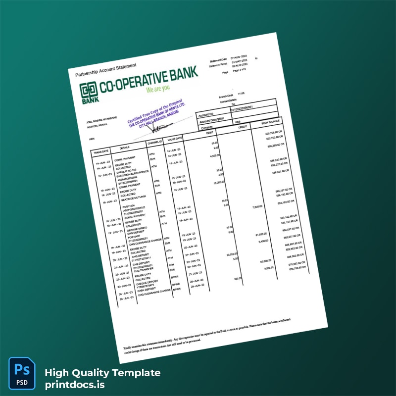 Kenya Co-operative Bank Statement Template in Word and PDF formats page 3