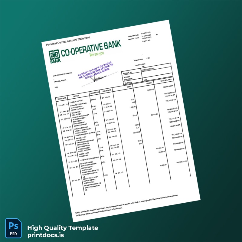 Kenya Co-operative Bank Statement Template in Word and PDF formats page 4