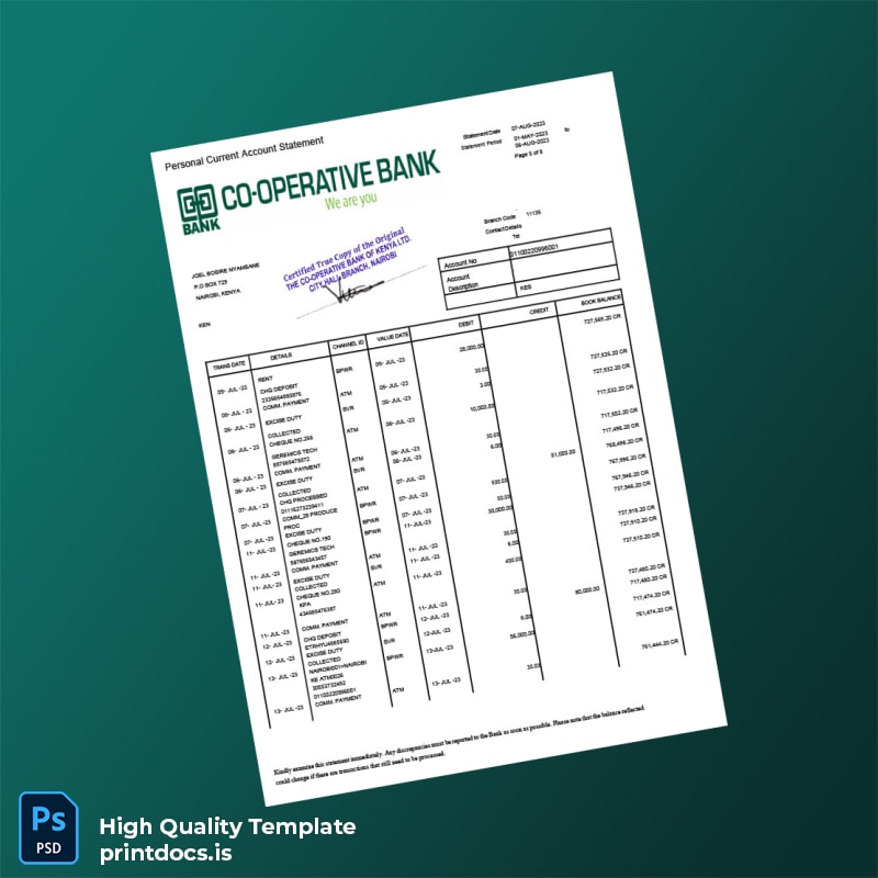Kenya Co-operative Bank Statement Template in Word and PDF formats page 5