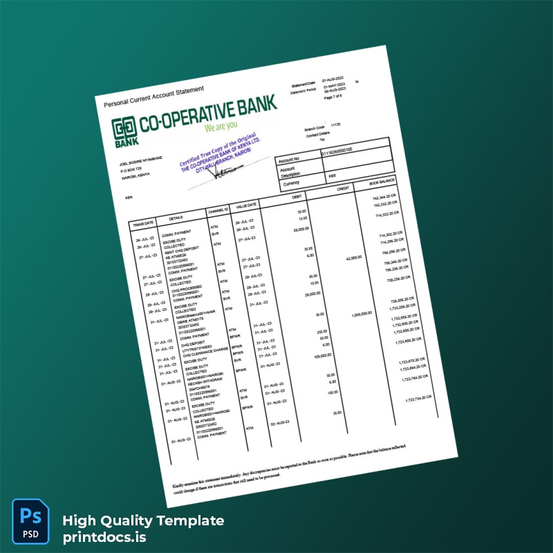 Kenya Co-operative Bank Statement Template in Word and PDF formats page 7