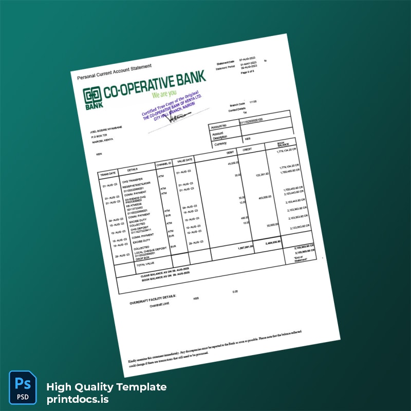 Kenya Co-operative Bank Statement Template in Word and PDF formats page 8
