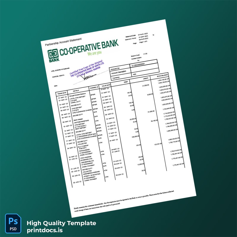 Kenya Co-operative Bank Statement Template in Word and PDF formats