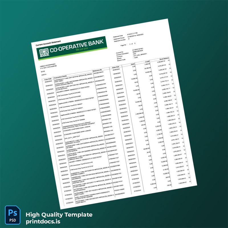 Kenya Cooperative Bank Account Statement Template in Word and PDF formats page 2
