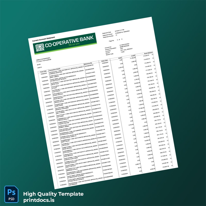 Kenya Cooperative Bank Account Statement Template in Word and PDF formats page 4