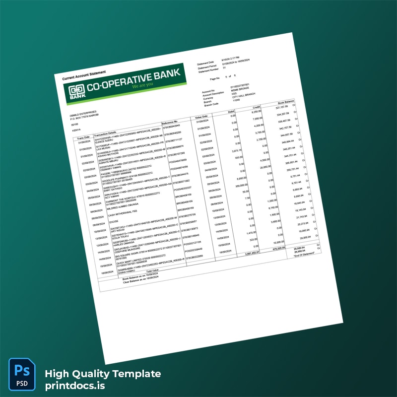Kenya Cooperative Bank Account Statement Template in Word and PDF formats page 5