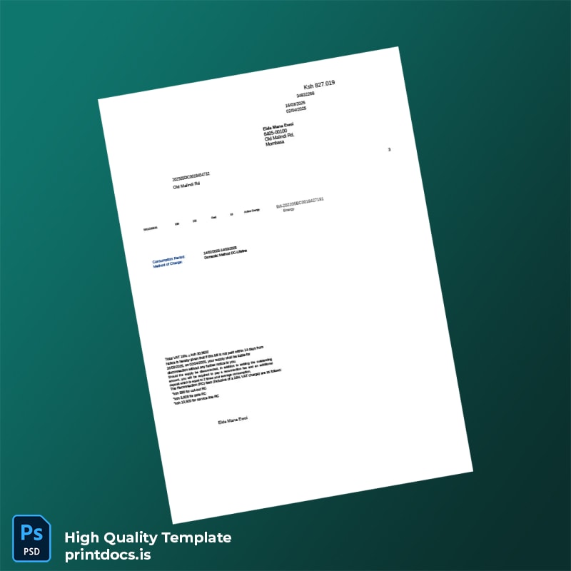 Kenya Energy Editable Utility Bill Template in Word and PDF formats