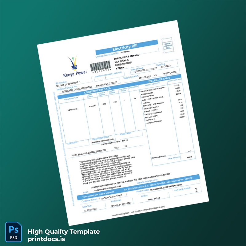Kenya KPLC Editable Utility Bill Template in Word and PDF formats page 2