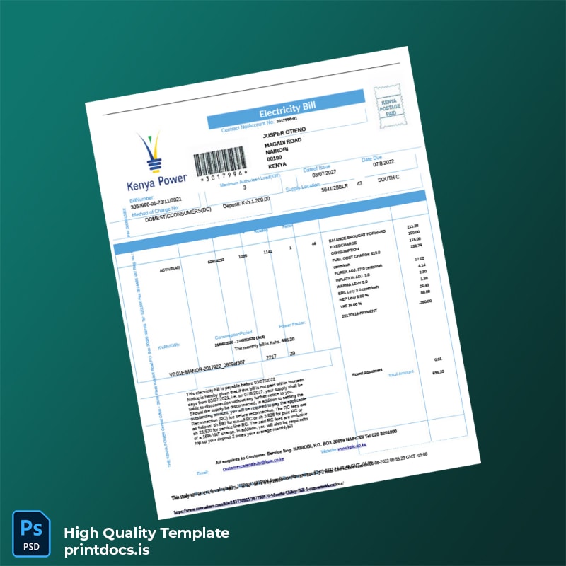 Kenya Kenya Power Editable Electricity Bill Template in Word and PDF formats