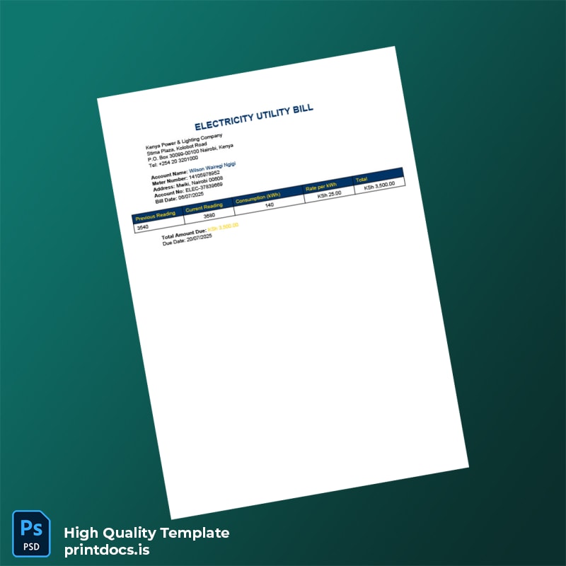 Kenya Kenya Power Lighting Company Editable Electricity Bill Template in Word and PDF formats