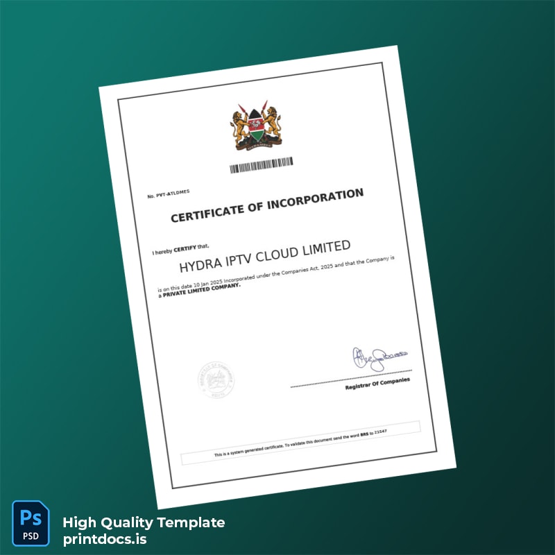 Printable Kenya Registrar of Companies Company Registration Certificate Template (Word & PDF) Image Preview - PrintDocs
