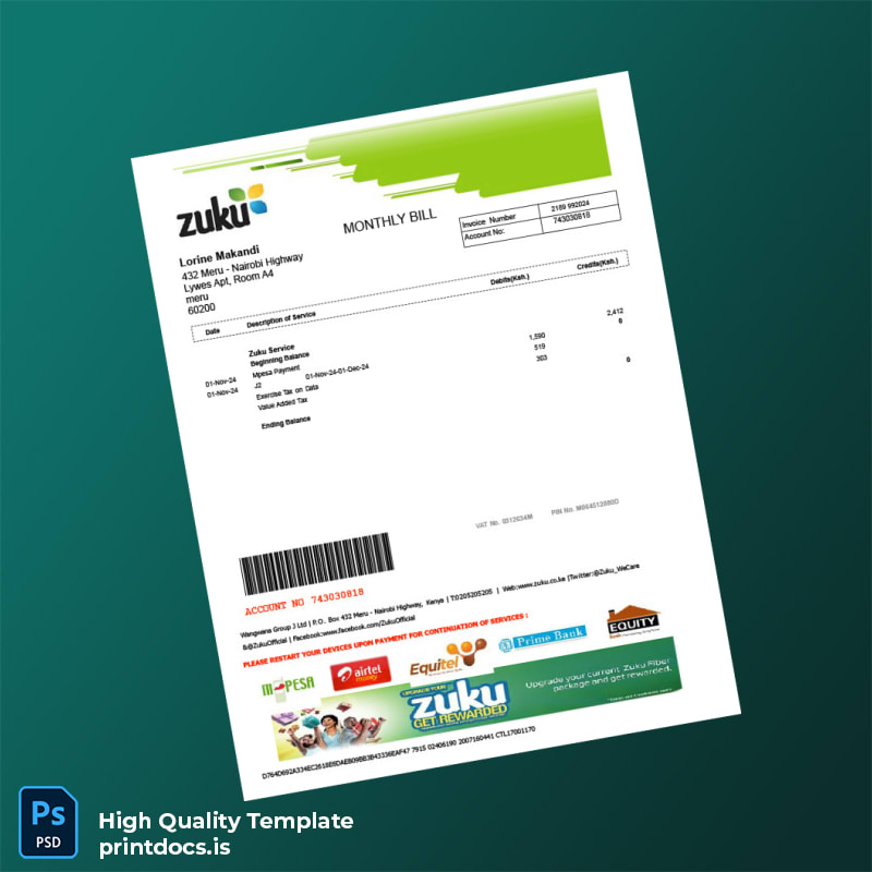 Kenya Wangwana Group J Ltd Editable Utility Bill Template in Word and PDF formats