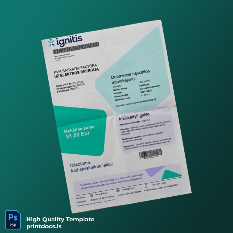 Lithuania UAB Ignitis Editable Electricity Bill Template in Word and PDF formats