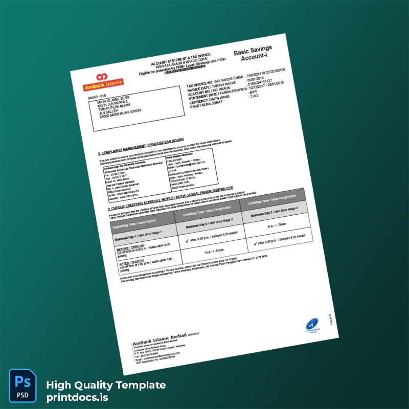 Malaysia AmBank Bank Statement Template in Word and PDF formats page 2
