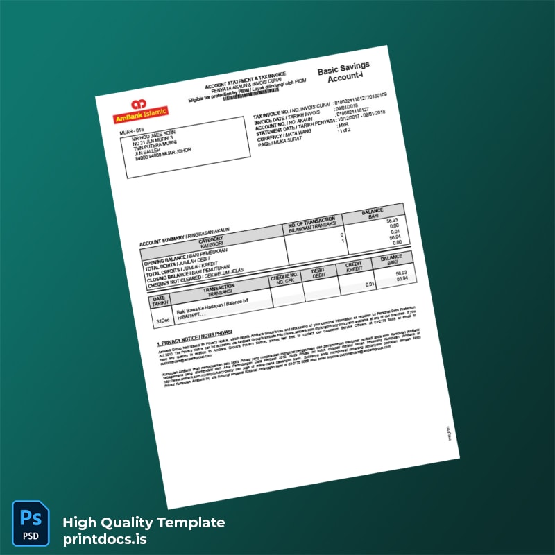 Malaysia AmBank Bank Statement Template in Word and PDF formats