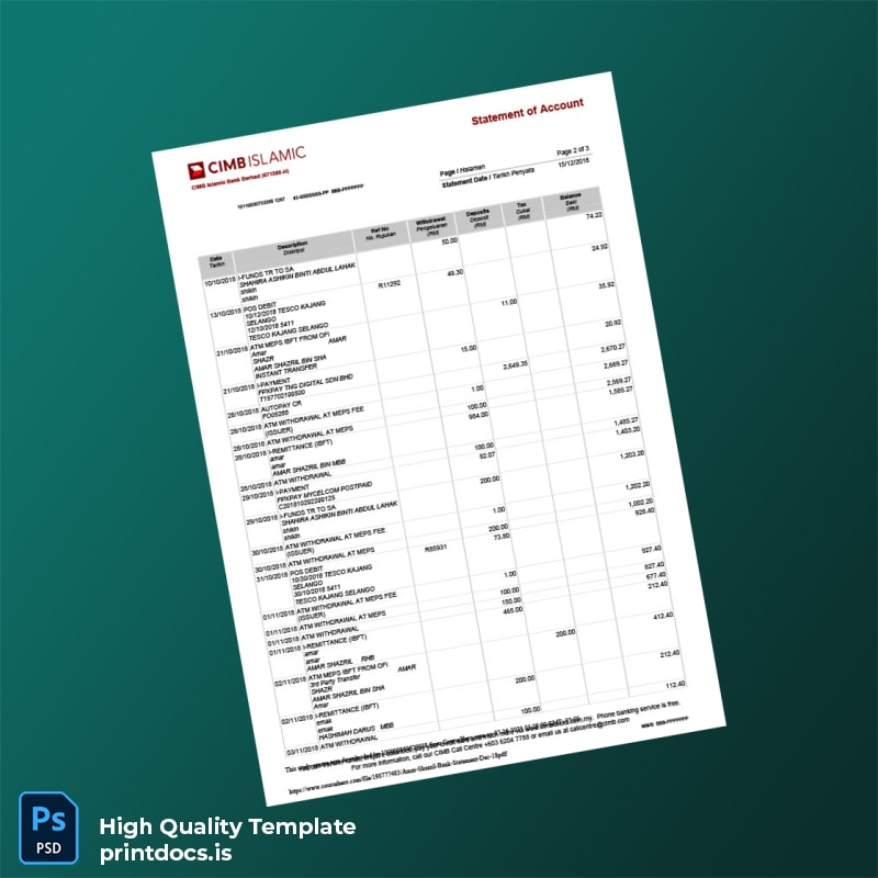 Malaysia Bank Islam Bank Statement Template in Word and PDF formats page 2