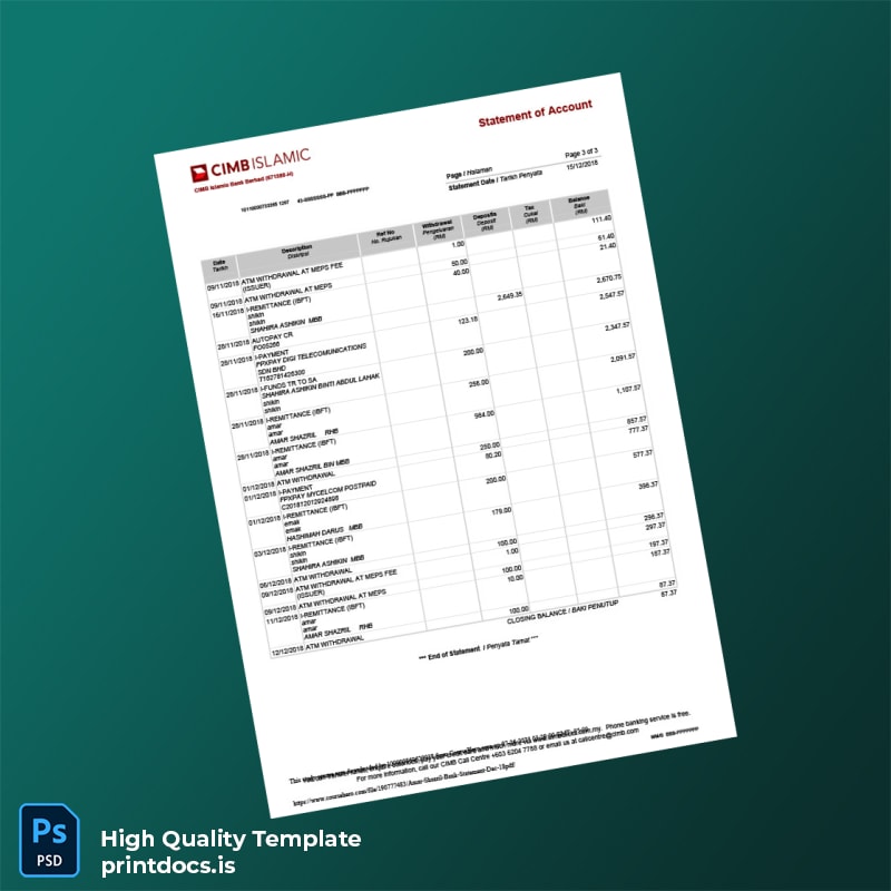 Malaysia Bank Islam Bank Statement Template in Word and PDF formats page 3