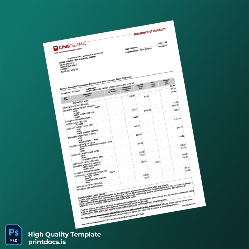 Malaysia Bank Islam Bank Statement Template in Word and PDF formats