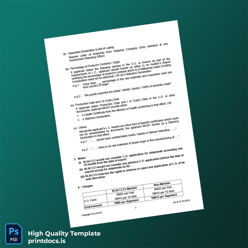 Printable Malaysia Chinese Chamber of Commerce and Industry Certificate of Origin Template in Word and PDF formats page 2 Image Preview - PrintDocs