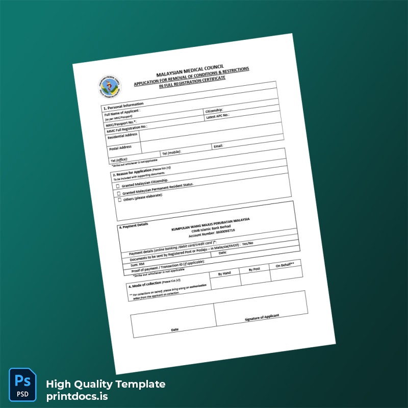 Printable Malaysia Malaysian Medical Council Application for Removal of Conditions and Restrictions from Full Registration Certificate Tem Image Preview - PrintDocs