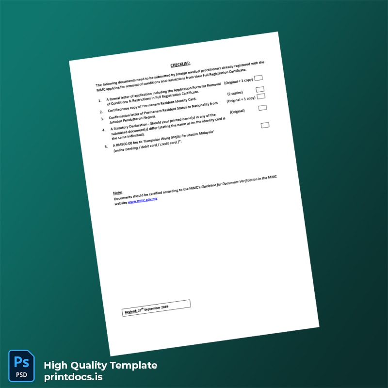 Printable Malaysia Malaysian Medical Council Application for Removal of Conditions and Restrictions from Full Registration Certificate Tem page 2 Image Preview - PrintDocs