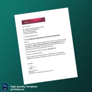 Printable Malaysia NIPCO ELECTRICAL ENGINEERING SDN BHD Employment Verification Letter Template (Word & PDF) Image Preview - PrintDocs