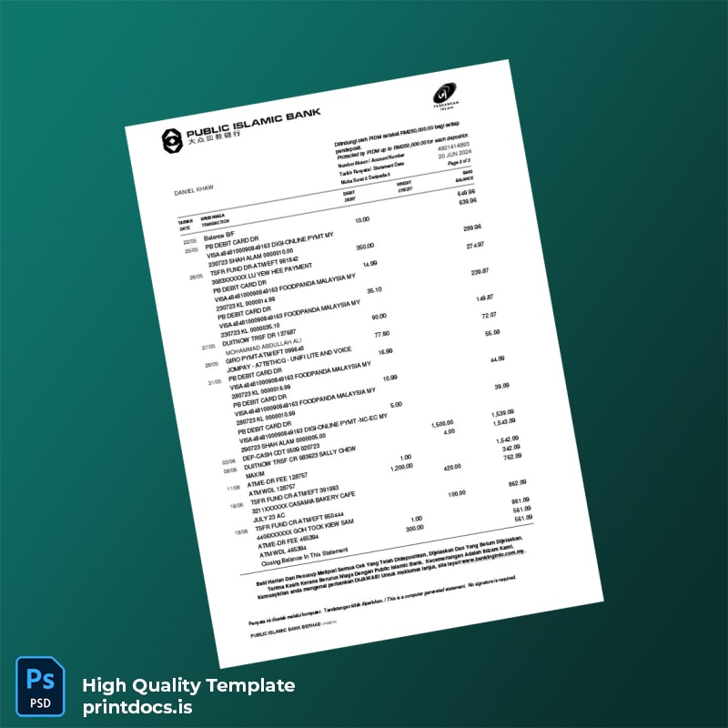 Malaysia Public Islamic Bank Berhad Bank Statement Template in Word and PDF formats page 2