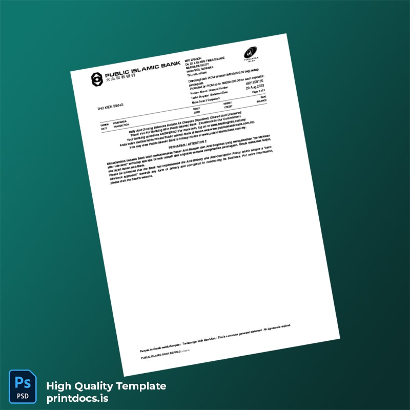 Malaysia Public Islamic Bank Berhad Bank Statement Template in Word and PDF formats page 3
