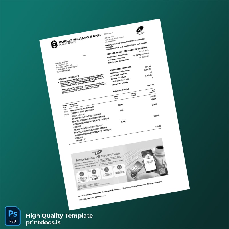 Malaysia Public Islamic Bank Berhad Bank Statement Template in Word and PDF formats