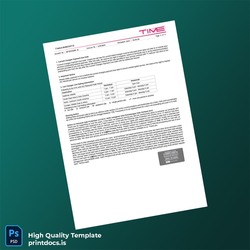 Malaysia TT dotCom Sdn Bhd Editable Internet Bill Template in Word and PDF formats page 4