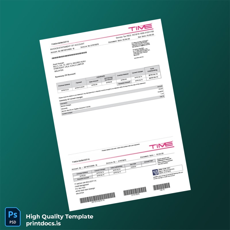 Malaysia TT dotCom Sdn Bhd Editable Internet Bill Template in Word and PDF formats