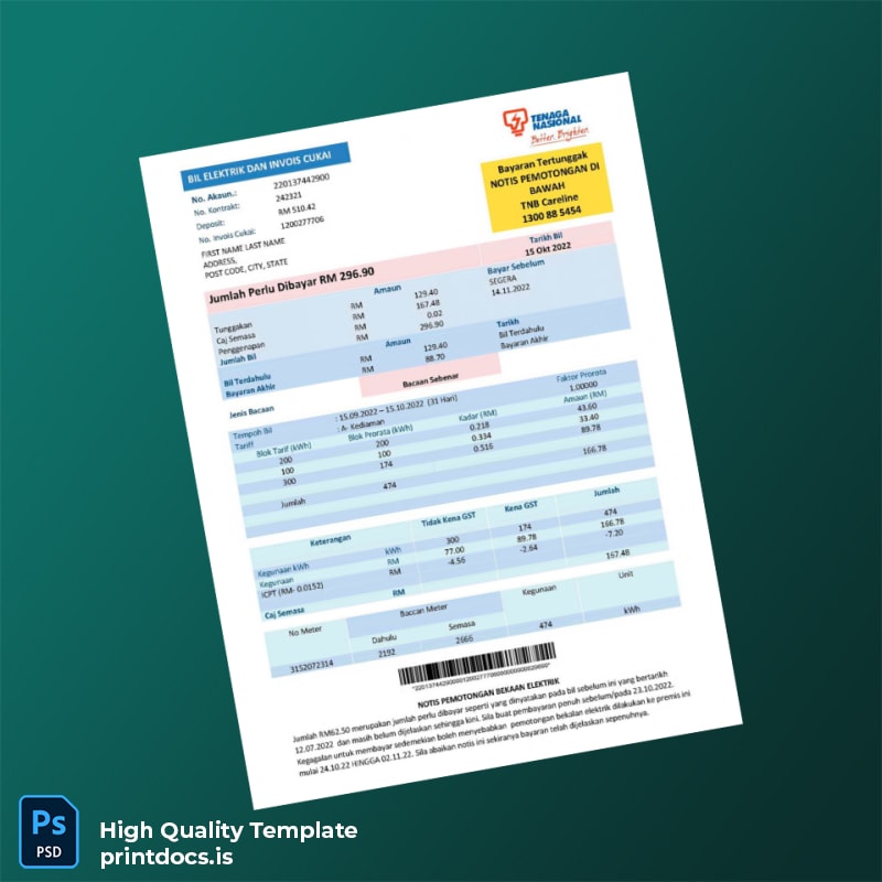 Malaysia Tenaga Nasional Berhad Editable Electricity Bill Template in Word and PDF formats