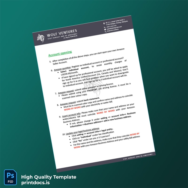 Malaysia Wolf Ventures Editable Amazon Seller Account Instructions Template in Word and PDF formats page 3