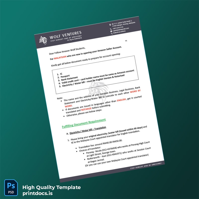 Malaysia Wolf Ventures Editable Amazon Seller Account Instructions Template in Word and PDF formats