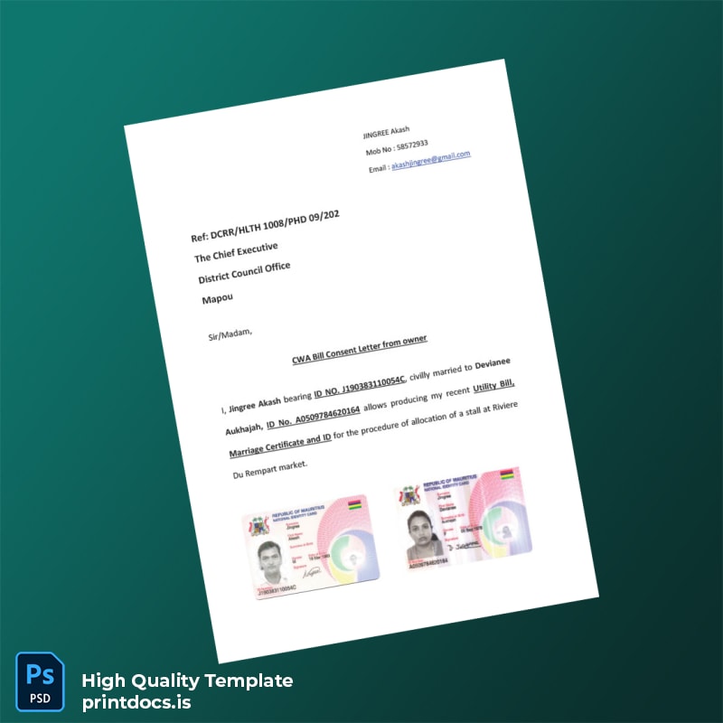 Mauritius District Council Office Mapou Editable CWA Bill Consent Letter Template in Word and PDF formats