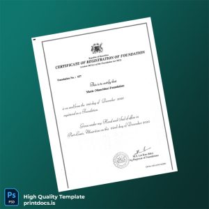 Printable Mauritius Registrar of Foundations Registration Certificate Template (Word & PDF) Image Preview