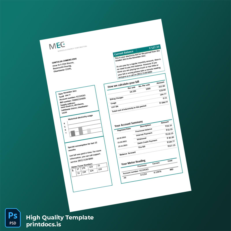 Mongolia Mongolia Energy Corporation Editable Electricity Bill Template in Word and PDF formats