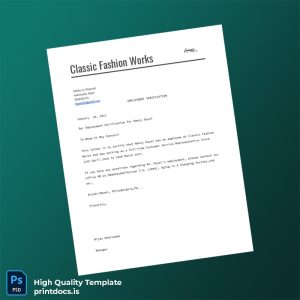 Printable Nepal Classic Fashion Works Employment Verification Letter Template (Word & PDF) Image Preview - PrintDocs