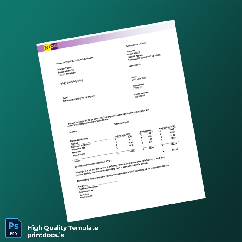 Netherlands Nuon Editable Utility Bill Template in Word and PDF formats